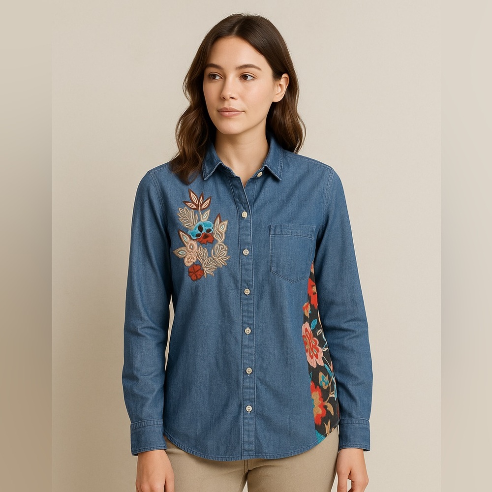 Tolani Denim Button-Down Shirt Embroidered Front Floral Back Size M